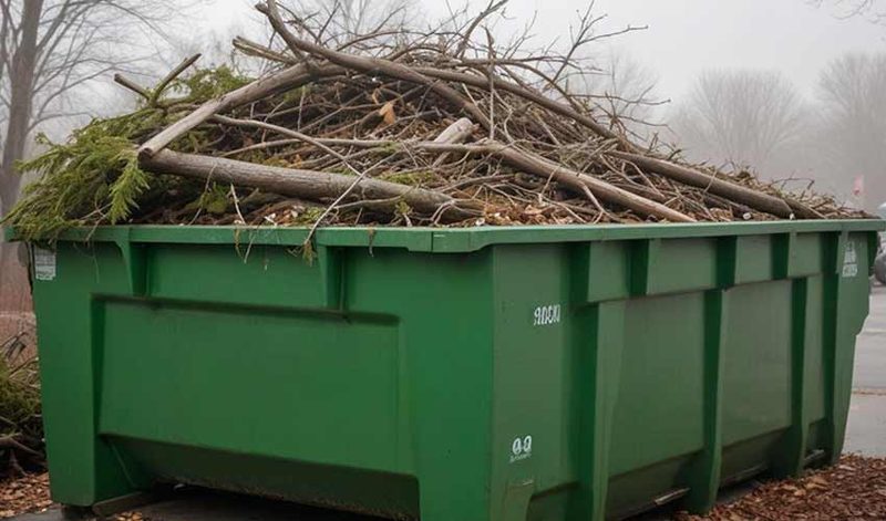 Location de benne à déchets verts remplie de branches et de tailles de haies pour l'entretien d'espaces verts