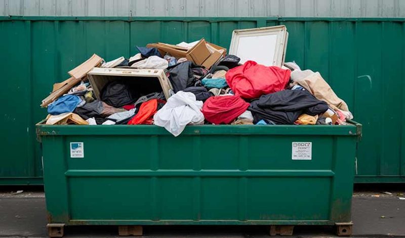 Location de benne pour encombrants remplie de mobilier et d'objets lors d'un débarras de maison en Alsace